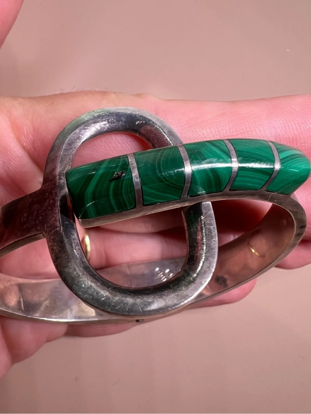 950 Silver Cuff Bracelet with Green Malachite Inlay